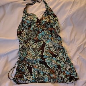 croft & barrow Teal and Brown Tropical Halter One-Piece